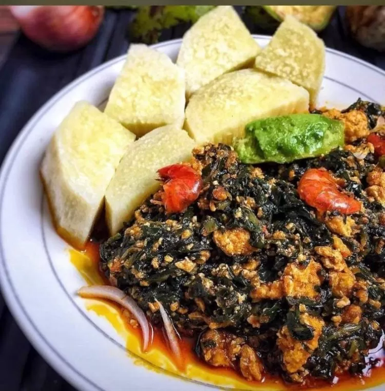 Ghana Food - Boiled yam or plantain with Kontomire stew