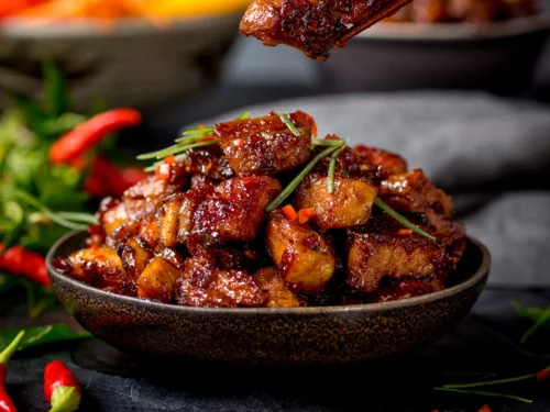 Chinese Pork Recipes - Red braised ginger pork belly with pickled chillies