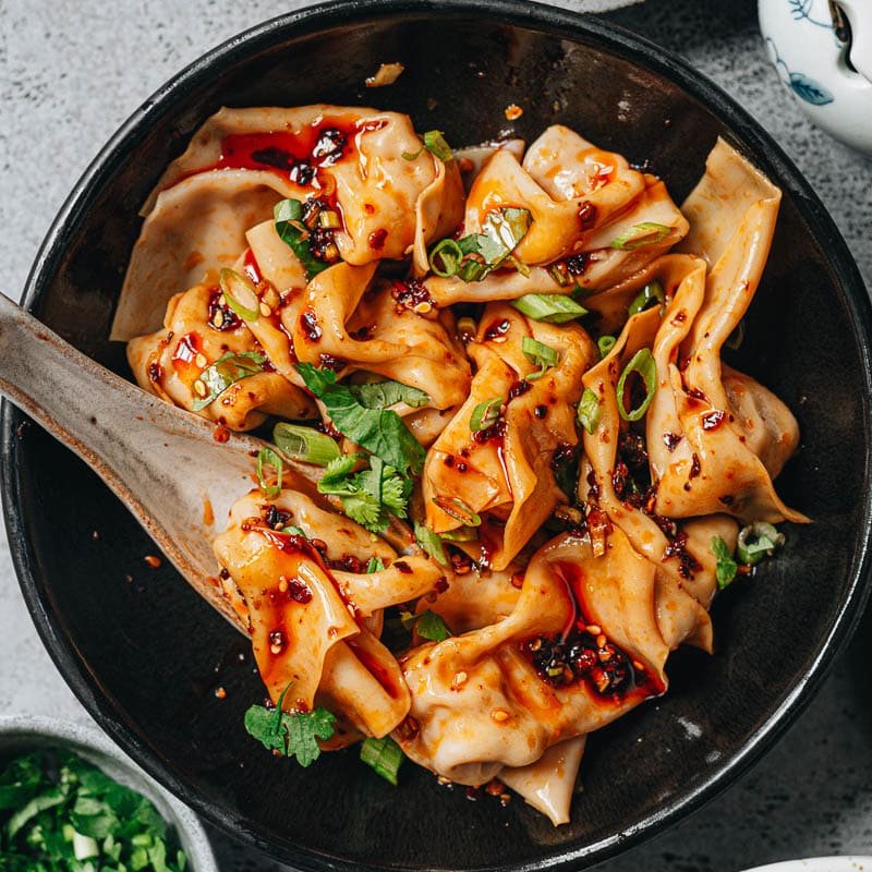 Chinese Vegan Food - Sichuan Spicy Wontons in Chili Sauce