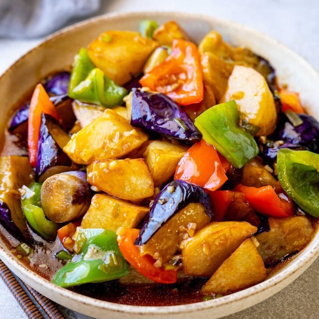 Chinese Vegan Food - Stir-fried Eggplant, Potatoes and Peppers (Di San Xian)