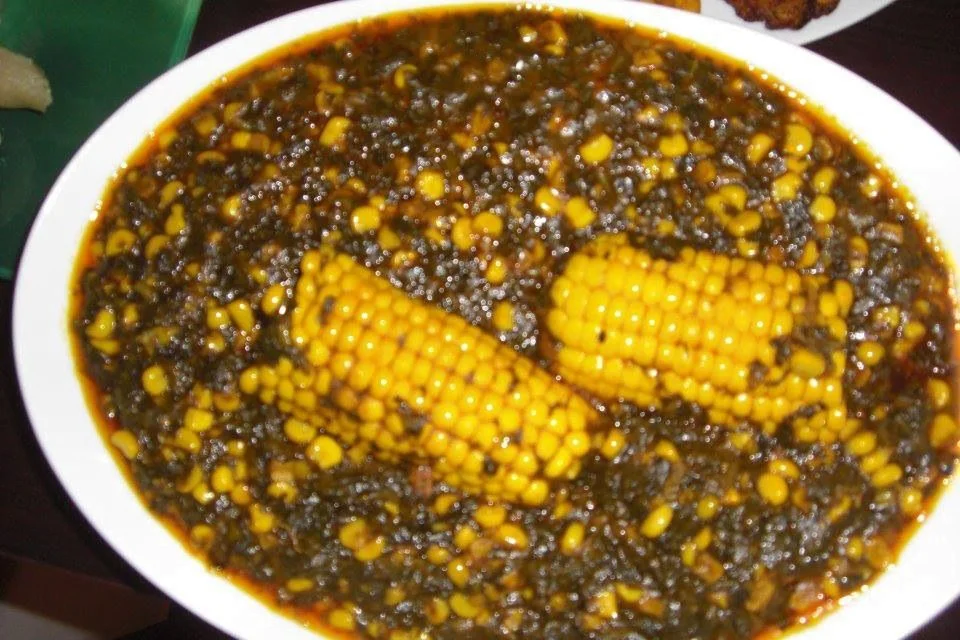Cameroon-Food-Sangah (A Mixture of Maize Cassava Leaf, And Palm Nut Juice)