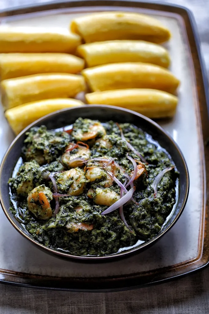 Cameroon Food - Ndolé (A Peanut Butter and Bitter Leaf Stew with Seafood and Beef) 