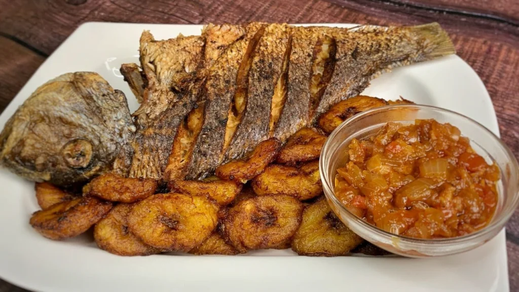 Equatorial Guinea Food - Fritanga (Fried Meat or Fish Served with Fried Plantains and Spicy Sauce) 